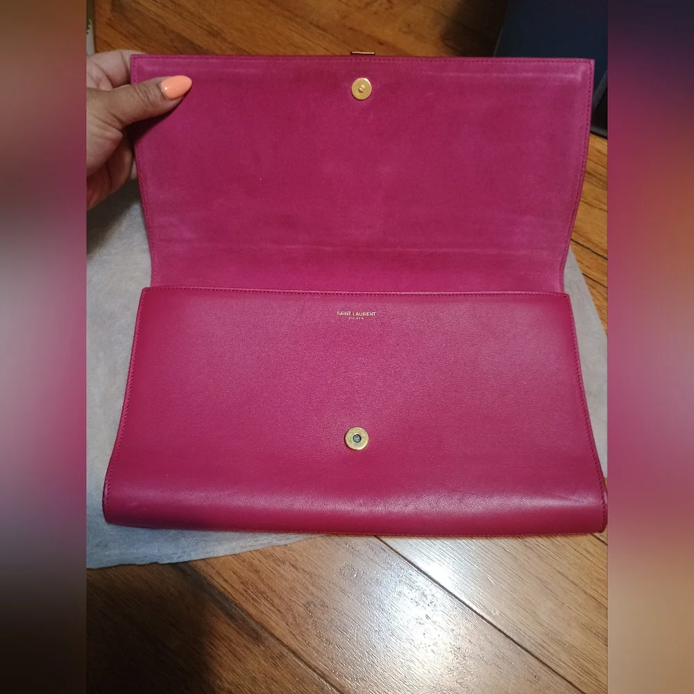 YSL Fuchsia/Pink Clutch with Gold plated Y, W/COA. - Picture 6 of 11